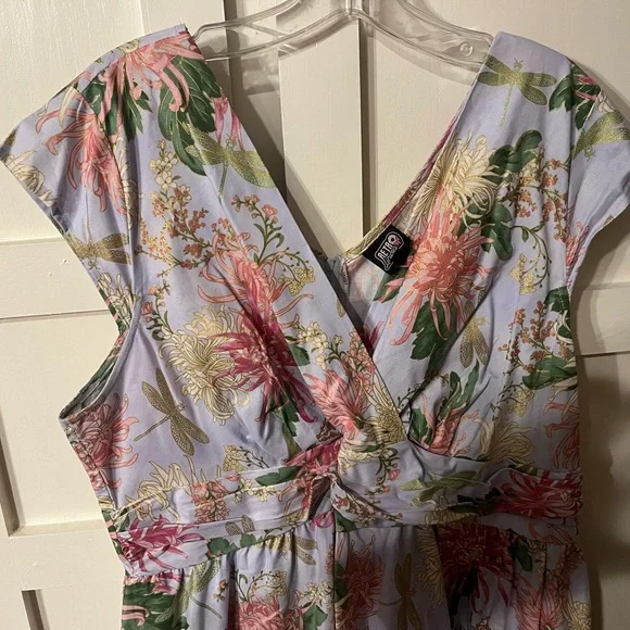 Greta Dress With Gold Dragon Flies And Floral Print. - Picture 2 of 4